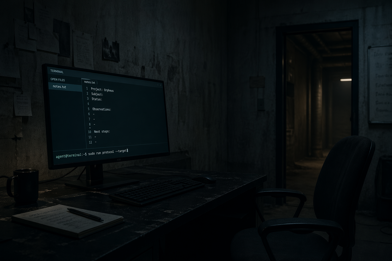 An abandoned terminal glowing in a dark, empty room