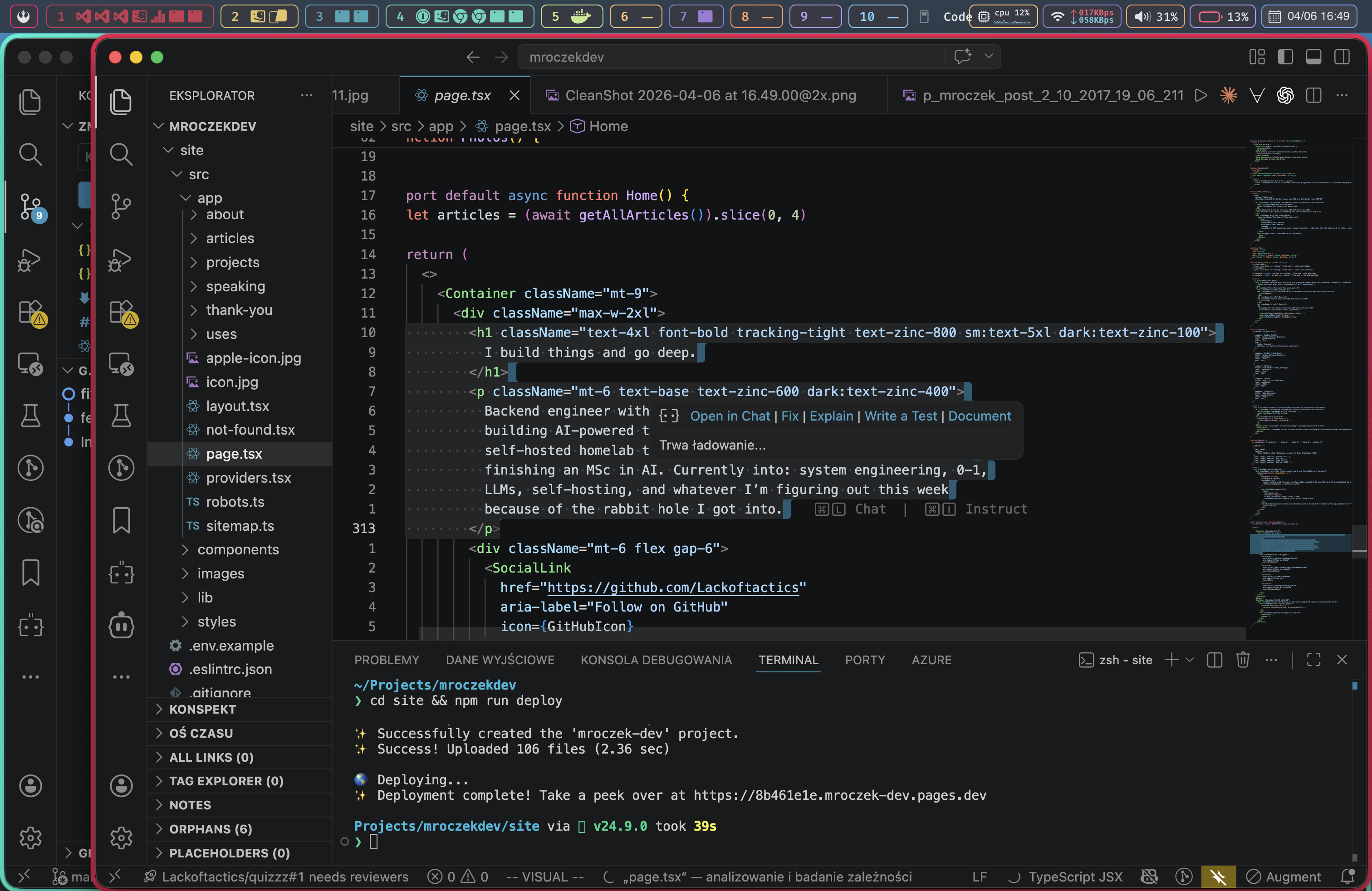 A screenshot of my daily macOS workflow — AeroSpace tiling layout, SketchyBar across the top, an editor and terminal side by side.